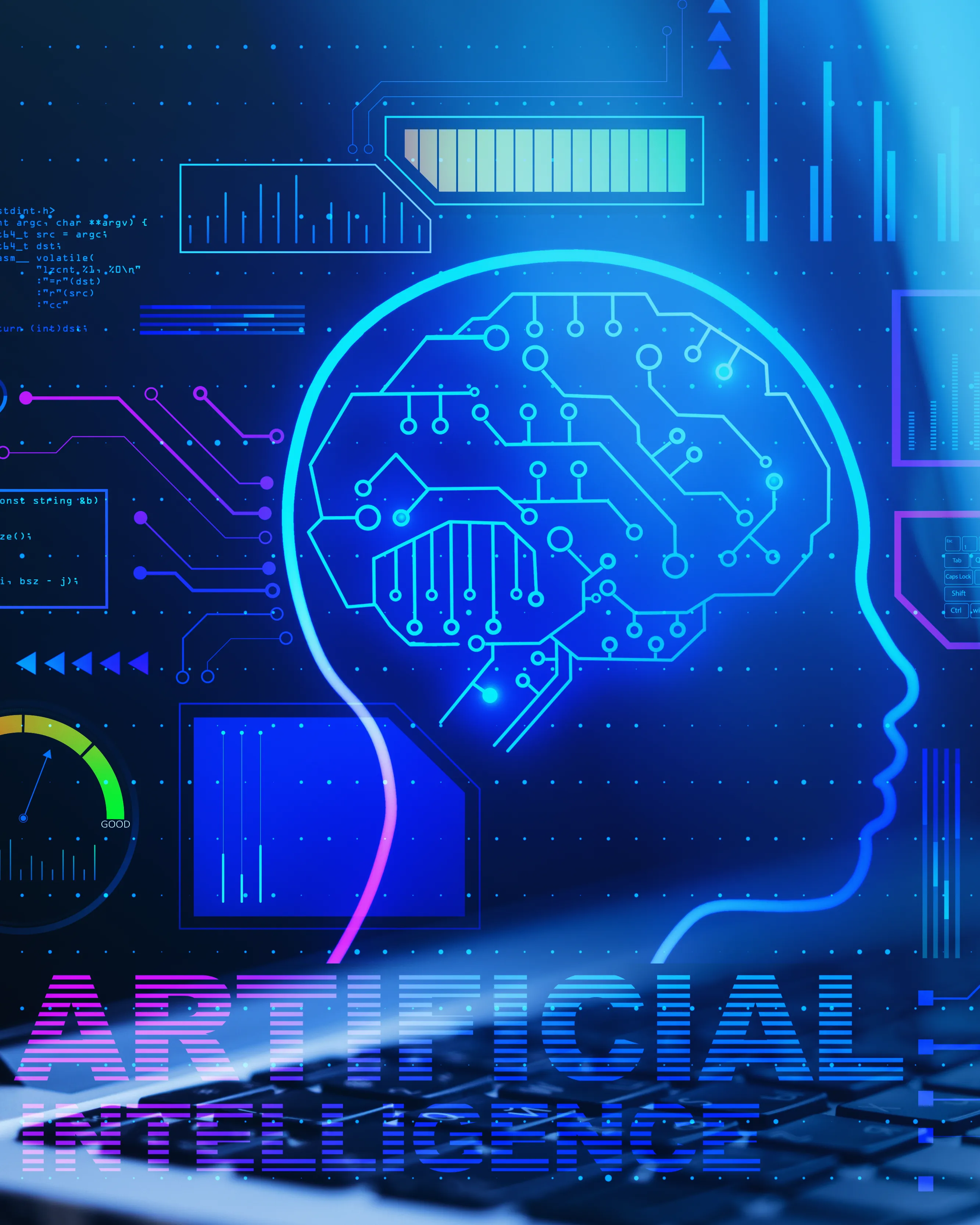 Digital blue outline of a human head with a circuit-like brain overlay and technological interface elements above a laptop keyboard, with text reading ‘ARTIFICIAL INTELLIGENCE’.