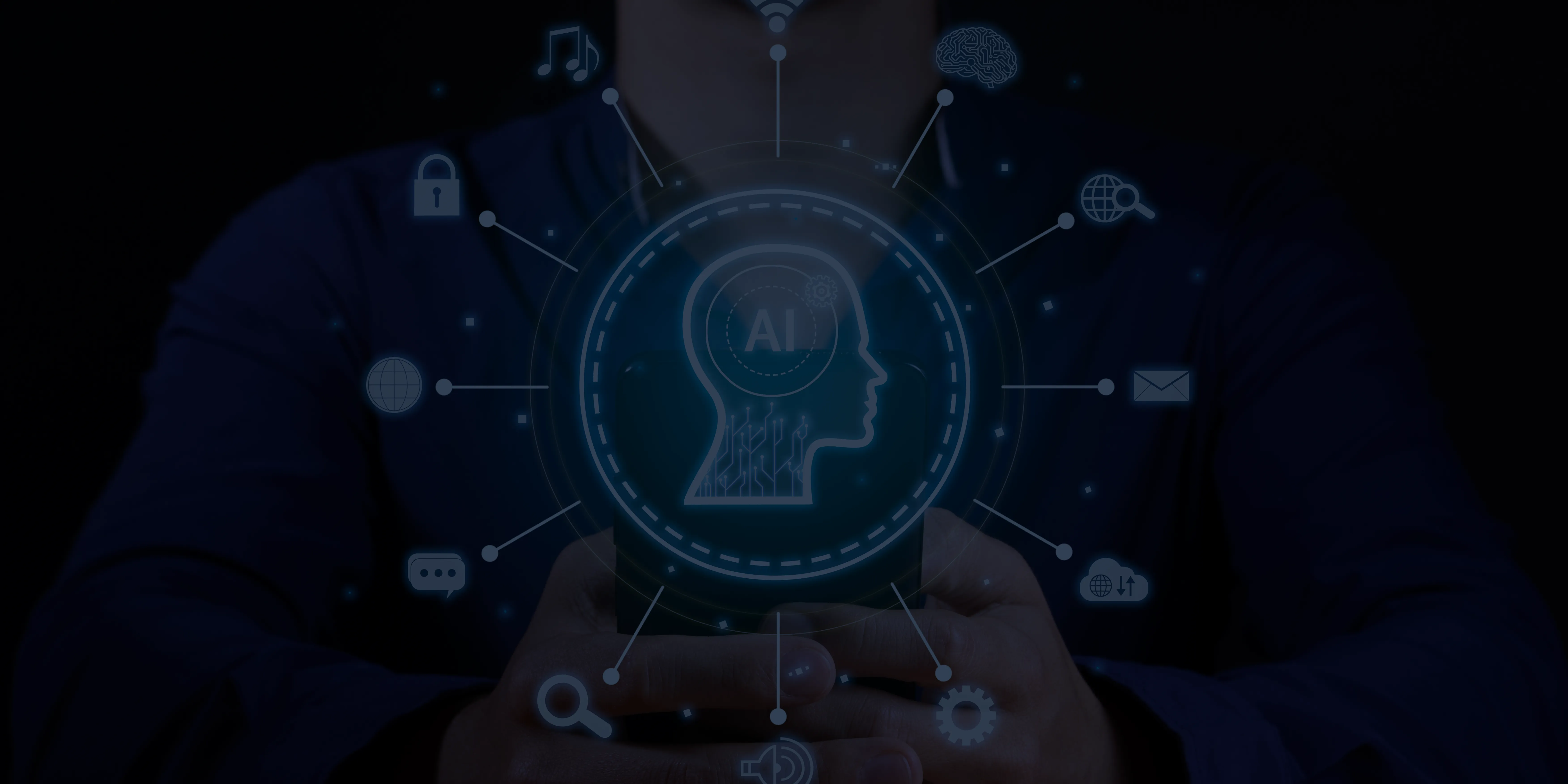 Person holding a smartphone with a glowing AI head icon surrounded by technology and communication symbols.