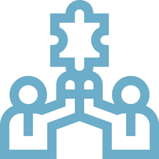 Icon of two stylized people holding a puzzle piece above them representing teamwork and collaboration.