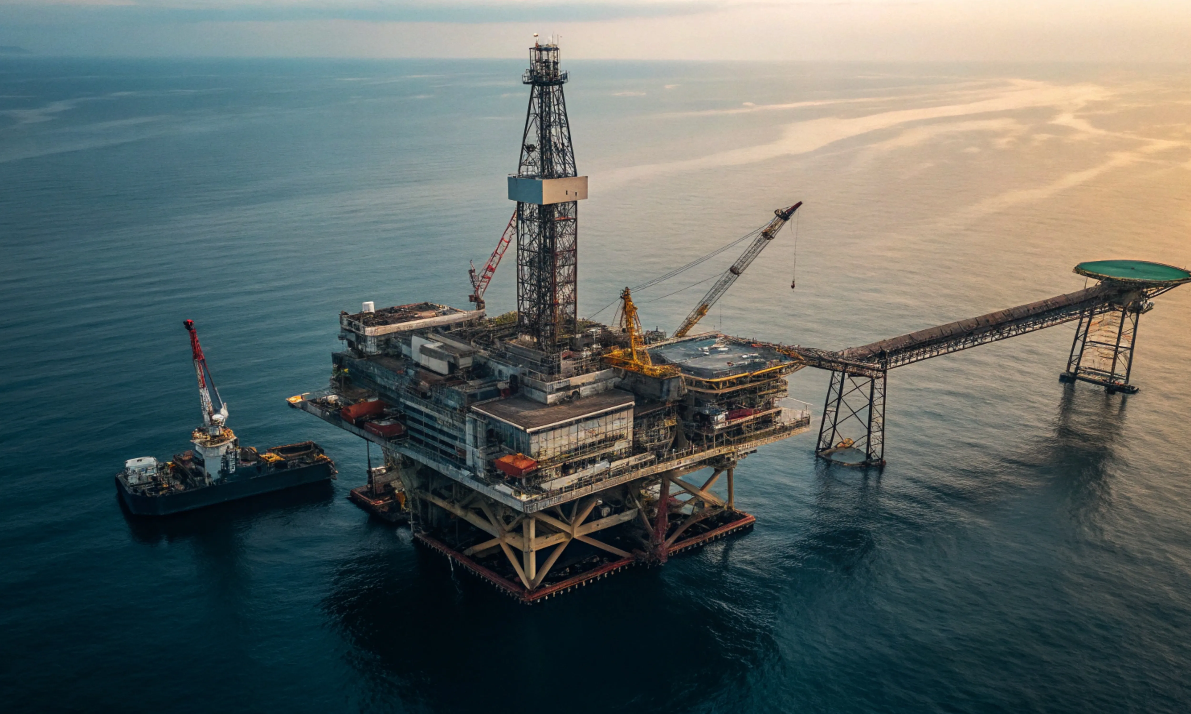 Offshore oil drilling platform with cranes and connecting walkway over calm ocean water at sunset.