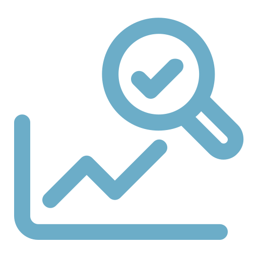 Blue line graph with an upward trend and a magnifying glass showing a check mark.