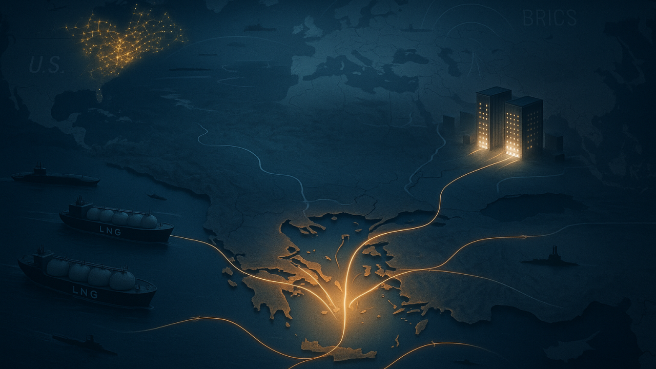 Map showing illuminated shipping routes converging on Greece from LNG tankers and a lit-up city network in the U.S., with two glowing buildings connected by lines labeled BRICS.