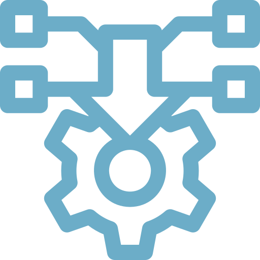Blue icon of a gear connected to a central node with three linked squares representing networked settings or system integration.