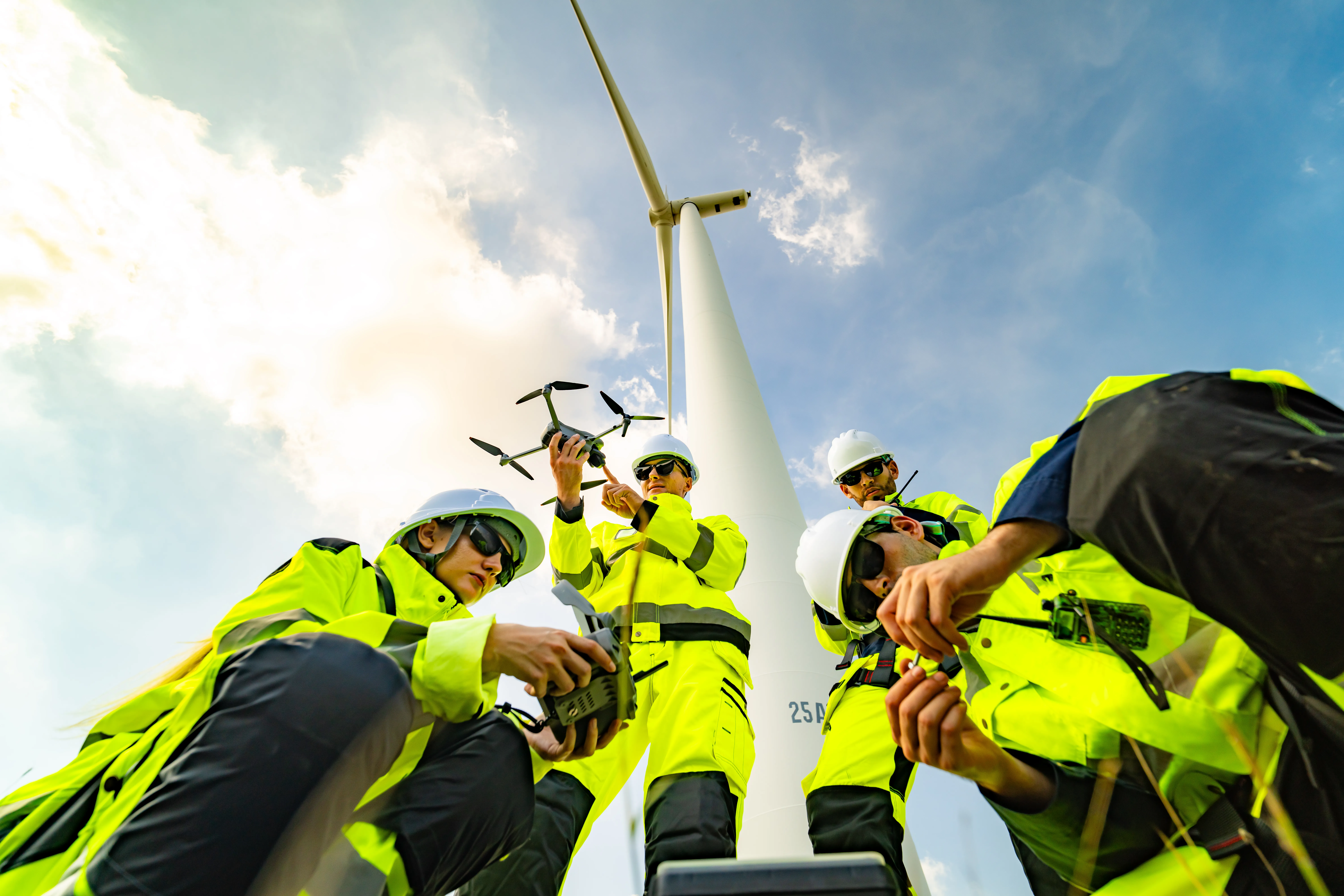 Four technicians in high-visibility safety gear and helmets operating a drone near a large wind turbine under a partly cloudy sky.